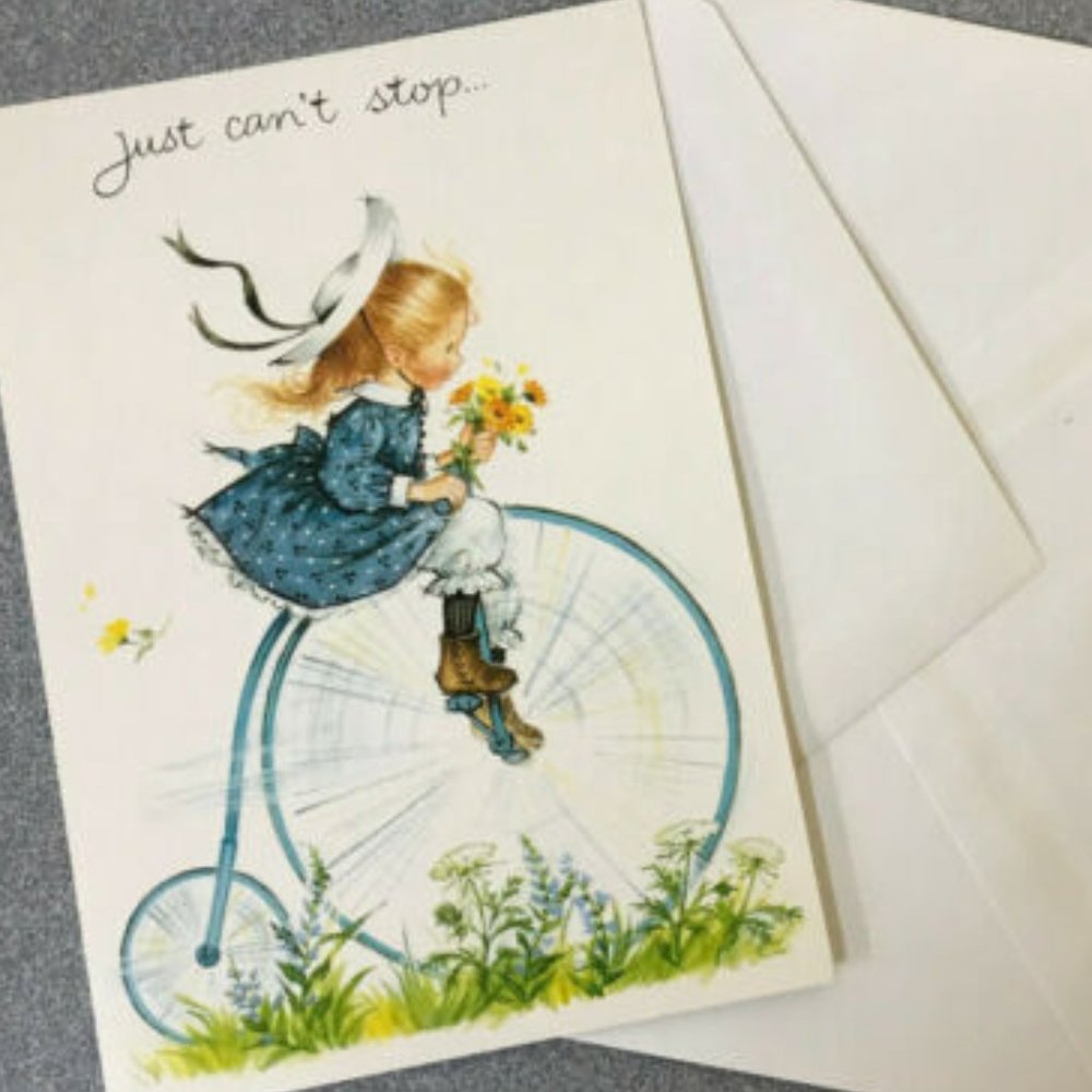 Vtg Embassy Little Girl Birthday Greeting Card Penny Farthing High Wheel Bicycle
